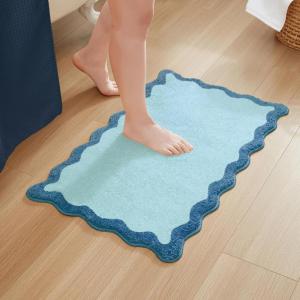 imageMONDAY MOOSE Bath Mat with Scalloped Wavy Ripple Design Microfiber Absorbent Non Slip Tufted Rug for Floor Shower or Kitchen 20x32 inch BlueBlue