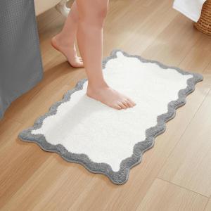 imageMONDAY MOOSE Bath Mat with Scalloped Wavy Ripple Design Microfiber Absorbent Non Slip Tufted Rug for Floor Shower or Kitchen 20x32 inch BlueGrey