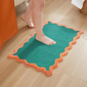 imageMONDAY MOOSE Bath Mat with Scalloped Wavy Ripple Design Microfiber Absorbent Non Slip Tufted Rug for Floor Shower or Kitchen 20x32 inch BlueTeal Peach