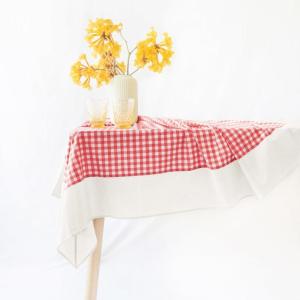 imageMONDAY MOOSE Scalloped Farmhouse Rustic Picnic Style Decoration Rectangle Natural Stonewashed Cotton Tablecloth for Kitchen Dining Room Restaurant 55x70 inch Scalloped SageRedWhite