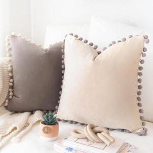 imageMONDAY MOOSE Decorative Throw Pillow Covers Cushion Cases Set of 2 Soft Velvet Pom Poms DoubleSided Designs Mix and Match for Home Decor Pillow Inserts Not Included 18x18 inch GreenBlueStone GrayBeige Cream