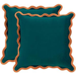 imageMONDAY MOOSE Decorative Throw Pillow Covers Cushion Cases Set of 2 Soft Velvet Scalloped Wavy Edge Designs Mix and Match for Home Decor Pillow Inserts Not Included BeigeBrown 18x18 inchCoralDark Teal