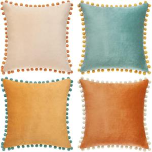 imageMONDAY MOOSE Decorative Throw Pillow Covers Cushion Cases Set of 4 Soft Velvet Pom Poms DoubleSided Designs Mix and Match for Home Decor Pillow Inserts Not Included 18x18 inch GreenBlueOrangeTeal