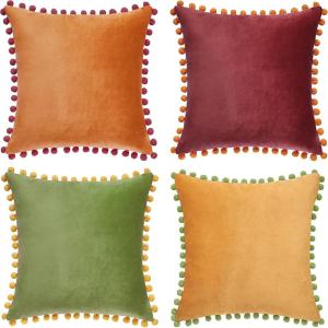 imageMONDAY MOOSE Decorative Throw Pillow Covers Cushion Cases Set of 4 Soft Velvet Pom Poms DoubleSided Designs Mix and Match for Home Decor Pillow Inserts Not Included 18x18 inch GreenBlueYellowGreen