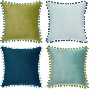 imageMONDAY MOOSE Decorative Throw Pillow Covers Cushion Cases Set of 4 Soft Velvet Pom Poms DoubleSided Designs Mix and Match for Home Decor Pillow Inserts Not Included 18x18 inch GreenBlueGreenBlue