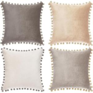 imageMONDAY MOOSE Decorative Throw Pillow Covers Cushion Cases Set of 4 Soft Velvet Pom Poms DoubleSided Designs Mix and Match for Home Decor Pillow Inserts Not Included 18x18 inch GreenBlueStone GrayBeige Cream