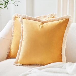 imageMONDAY MOOSE Decorative Throw Pillow Covers Cushion Cases Set of 2 Soft Velvet Modern Fringe Tassel Designs Mix and Match for Home Decor Pillow Inserts Not Included Orange 16x16 inchYellow