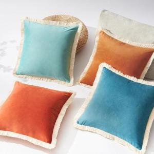 imageMONDAY MOOSE Decorative Throw Pillow Covers Set of 4 Soft Velvet Modern Fringe Tassel Designs Mix and Match for Home Decor Pillow Inserts Not Included 18x18 inch BeigeDusty PinkOrangeTeal Blue