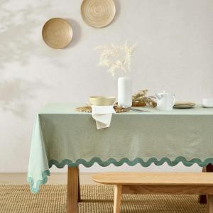 imageMONDAY MOOSE Gingham Checkered Farmhouse Rustic Ruffle Style Decoration Round Natural Stonewashed Cotton Tablecloth for Kitchen Dining Room Restaurant 60quot Round BeigeScalloped Sage