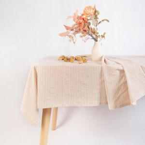 imageMONDAY MOOSE Gingham Checkered Farmhouse Rustic Ruffle Style Decoration Round Natural Stonewashed Cotton Tablecloth for Kitchen Dining Room Restaurant 60quot Round BeigeBeigeWhite Stripes