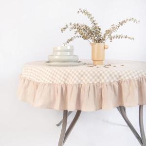 imageMONDAY MOOSE Gingham Checkered Farmhouse Rustic Ruffle Style Decoration Round Natural Stonewashed Cotton Tablecloth for Kitchen Dining Room Restaurant 60quot Round BeigeBeige