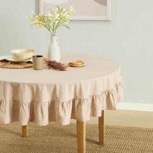 imageMONDAY MOOSE Gingham Checkered Farmhouse Rustic Ruffle Style Decoration Round Natural Stonewashed Cotton Tablecloth for Kitchen Dining Room Restaurant 60quot Round BeigeNatural