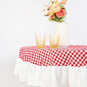 imageMONDAY MOOSE Gingham Checkered Farmhouse Rustic Ruffle Style Decoration Round Natural Stonewashed Cotton Tablecloth for Kitchen Dining Room Restaurant 60quot Round BeigeRedWhite
