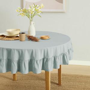 imageMONDAY MOOSE Gingham Checkered Farmhouse Rustic Ruffle Style Decoration Round Natural Stonewashed Cotton Tablecloth for Kitchen Dining Room Restaurant 60quot Round BeigeSlate Blue