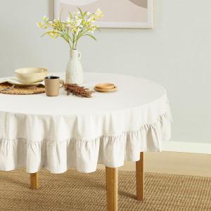 imageMONDAY MOOSE Gingham Checkered Farmhouse Rustic Ruffle Style Decoration Round Natural Stonewashed Cotton Tablecloth for Kitchen Dining Room Restaurant 60quot Round BeigeWhite