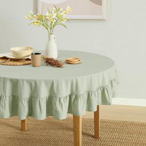 imageMONDAY MOOSE Gingham Checkered Farmhouse Rustic Ruffle Style Decoration Round Natural Stonewashed Cotton Tablecloth for Kitchen Dining Room Restaurant 60quot Round BeigeSage Green