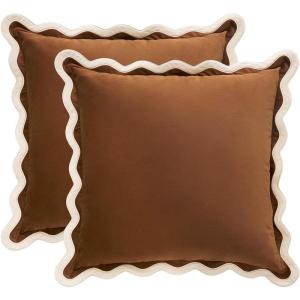 imageMONDAY MOOSE Decorative Throw Pillow Covers Cushion Cases Set of 2 Soft Velvet Scalloped Wavy Edge Designs Mix and Match for Home Decor Pillow Inserts Not Included HoneyPink 18x18 inchBeigeBrown