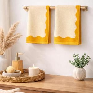 image:imageMONDAY MOOSE Scalloped Decorative Hand Towels 2Pack Soft Cotton with Reversible Jacquard Wavy Design for Bathroom Kitchen or Spa 16x28 inch SageLight SageMustardCream