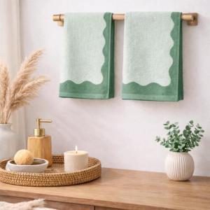 image:imageMONDAY MOOSE Scalloped Decorative Hand Towels 2Pack Soft Cotton with Reversible Jacquard Wavy Design for Bathroom Kitchen or Spa 16x28 inch SageLight SageSageLight Sage